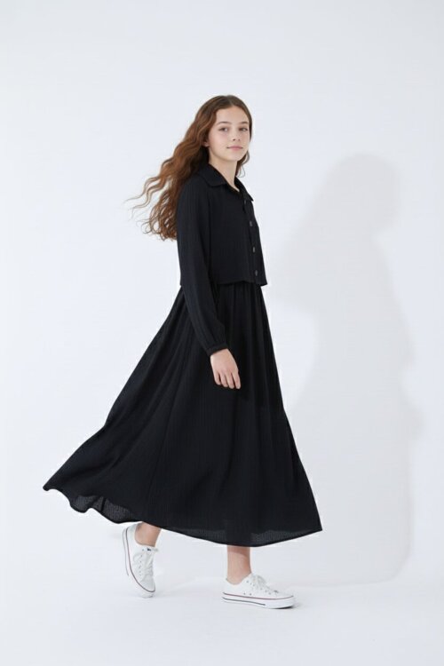 Siyah Bürümcük Kumaş Bağcıklı Süveterli Kız Çocuk Uzun Elbise Takımı 23518