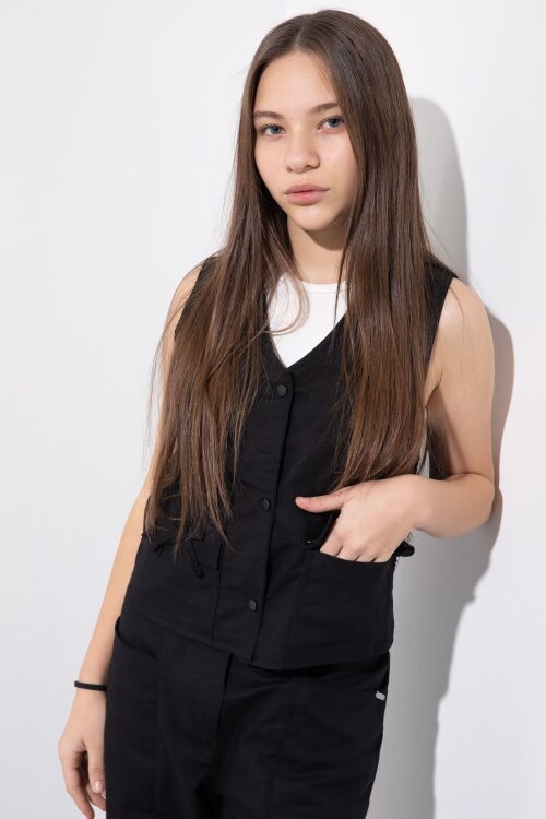 Siyah Cepli Keten Yelekli Yüksek Bel Pantolonlu Kız Çocuk Alt Üst Takım  23544