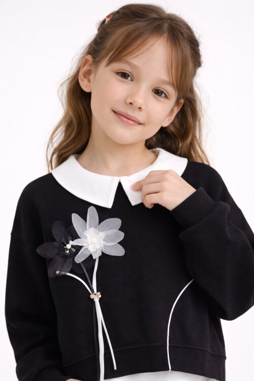 Siyah Çiçek Detaylı Badili Gömlekli Kız Çocuk 3lü Alt Üst Takım 23529