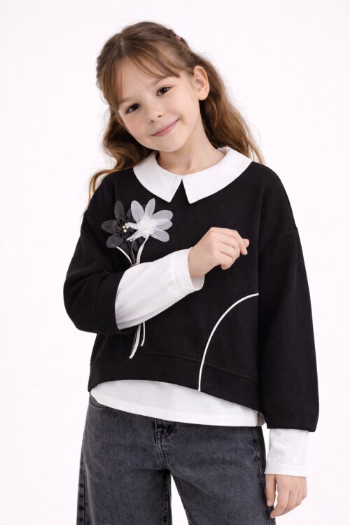 Siyah Çiçek Detaylı Badili Gömlekli Kız Çocuk 3lü Alt Üst Takım 23529