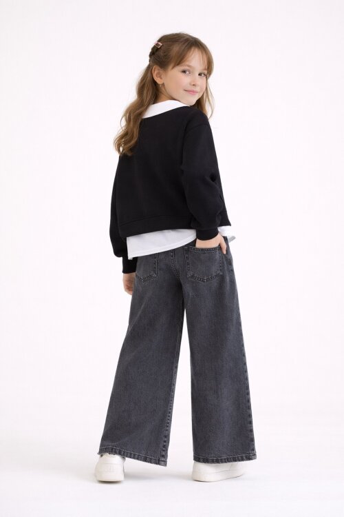 Siyah Çiçek Detaylı Badili Gömlekli Kız Çocuk 3lü Alt Üst Takım 23529