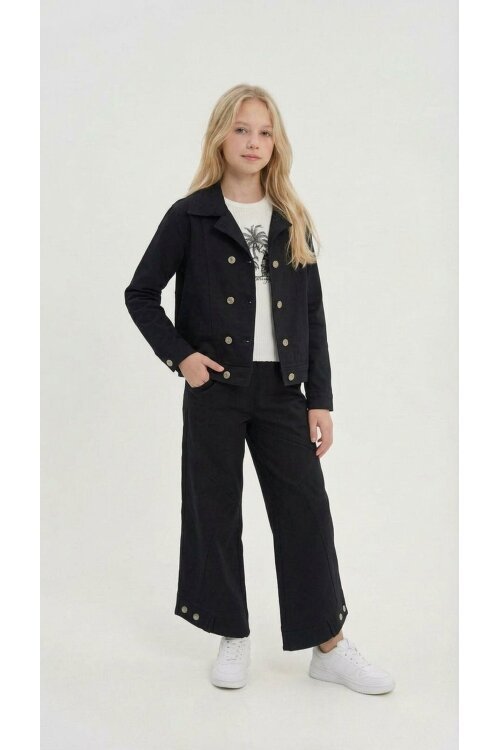 Siyah Çift Düğme Detay Gömlekli Pantolonlu Kız Çocuk Gabardin Takım 23539