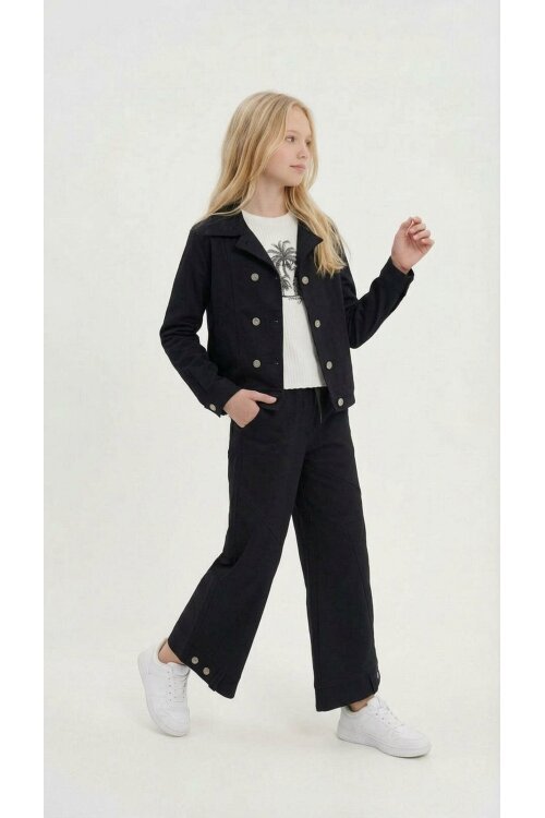 Siyah Çift Düğme Detay Gömlekli Pantolonlu Kız Çocuk Gabardin Takım 23539
