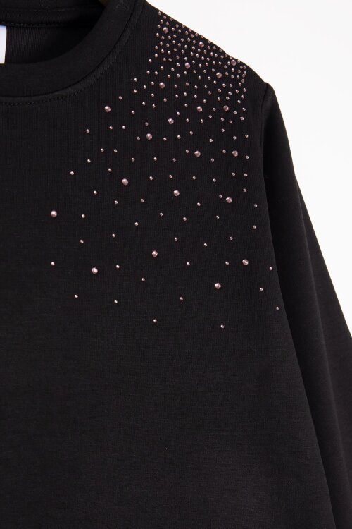 Siyah Çizgi Desenli Taş Detaylı Bluzlu Kız Çocuk Kuşaklı Pantolonlu 2li Takım 23746