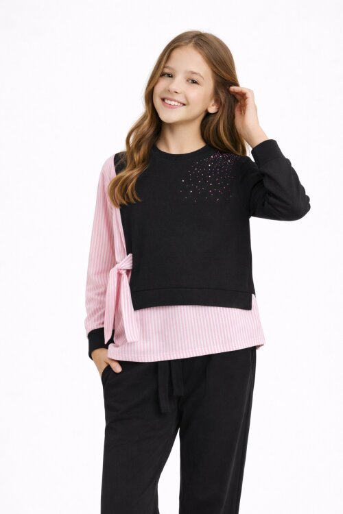 Siyah Çizgi Desenli Taş Detaylı Bluzlu Kız Çocuk Kuşaklı Pantolonlu 2li Takım 23746