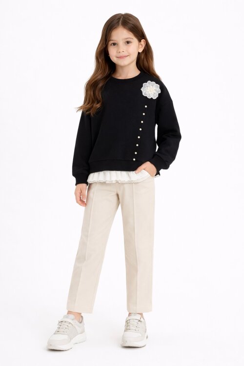 Siyah Dantel Detaylı Badili Jean Pantolonlu Kız Çocuk Alt Üst Takım 23593