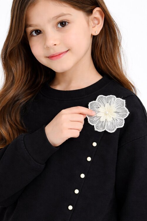 Siyah Dantel Detaylı Badili Jean Pantolonlu Kız Çocuk Alt Üst Takım 23593