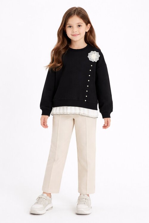 Siyah Dantel Detaylı Badili Jean Pantolonlu Kız Çocuk Alt Üst Takım 23593