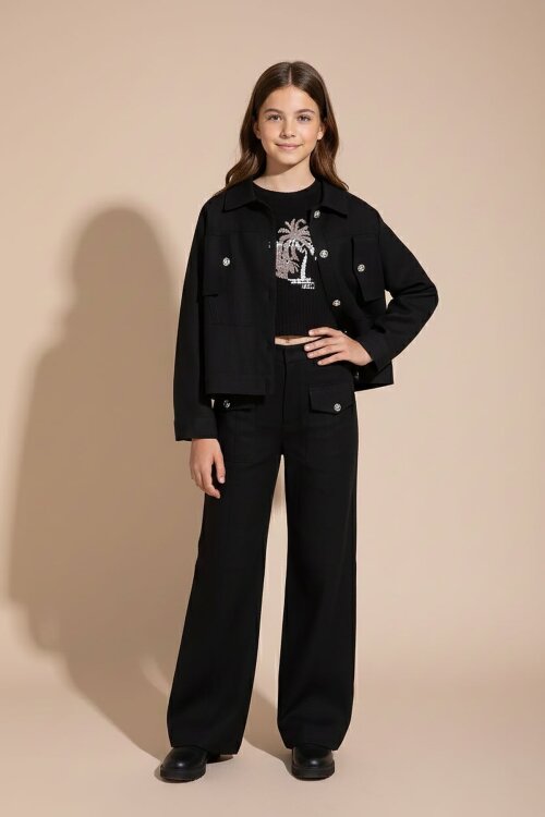 Siyah Düğme Detaylı Keten Gömlekli Pantolonlu Kız Çocuk 3lü Takım 23494