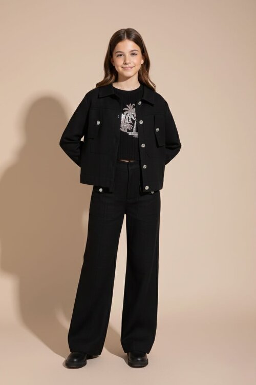 Siyah Düğme Detaylı Keten Gömlekli Pantolonlu Kız Çocuk 3lü Takım 23494
