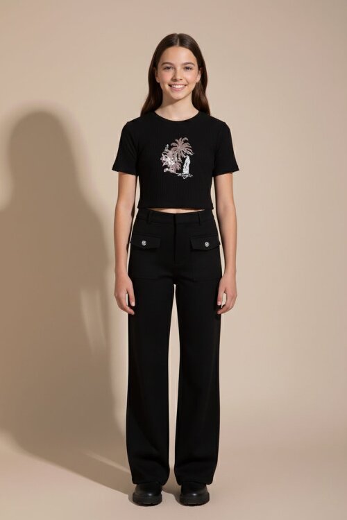 Siyah Düğme Detaylı Keten Gömlekli Pantolonlu Kız Çocuk 3lü Takım 23494