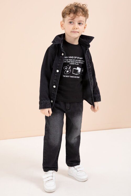Siyah Düğmeli Jean Ceketli Pantolonlu Erkek Çocuk 3lü Takım 23627