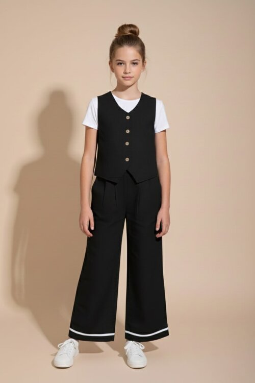 Siyah Düğmeli Keten Yelekli Geniş Paça Pantolonlu Kız Çocuk Takım 23493