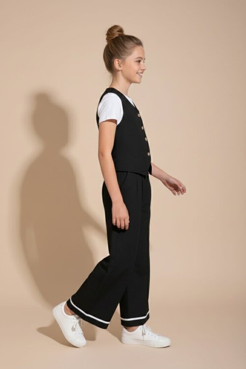 Siyah Düğmeli Keten Yelekli Geniş Paça Pantolonlu Kız Çocuk Takım 23493