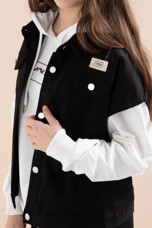 Siyah Düğmeli Sıfır Kol Yelekli Geniş Paça Pantolonlu Kız Çocuk Kapüşonlu 3lü Takım 23602