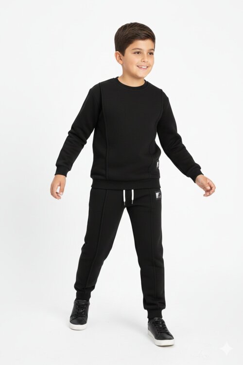 Siyah Erkek Çocuk Arma Detaylı Şardonlu Eşofman Takımı 23349