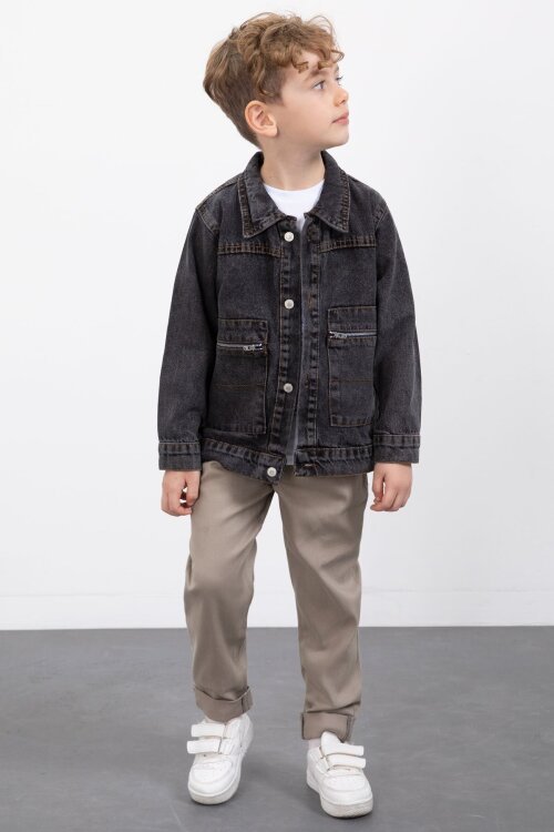 Siyah Fermuar Cepli Jean Ceketli Erkek Çocuk Pantolonlu 3lü Takım 20020