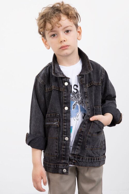 Siyah Fermuar Cepli Jean Ceketli Erkek Çocuk Pantolonlu 3lü Takım 20020