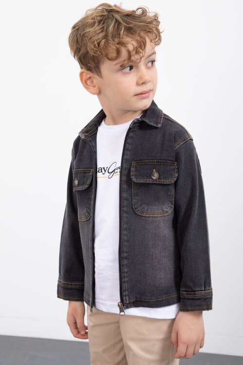 Siyah Fermuarlı Jean Ceketli Erkek Çocuk Pantolonlu 3lü Takım 23387