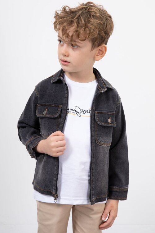 Siyah Fermuarlı Jean Ceketli Erkek Çocuk Pantolonlu 3lü Takım 23387