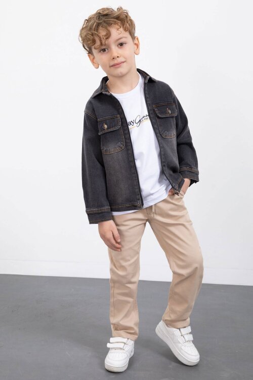 Siyah Fermuarlı Jean Ceketli Erkek Çocuk Pantolonlu 3lü Takım 23387