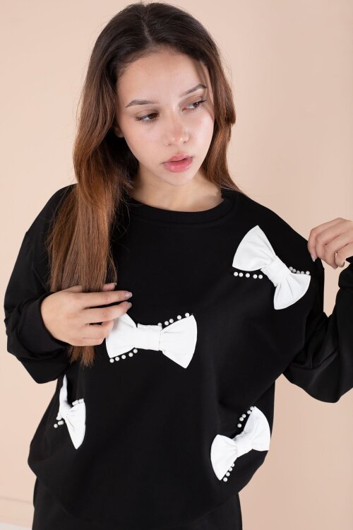 Siyah Fiyonklu İnci Detaylı Kız Çocuk Bisiklet Yaka 2li Eşofman Takımı 21205