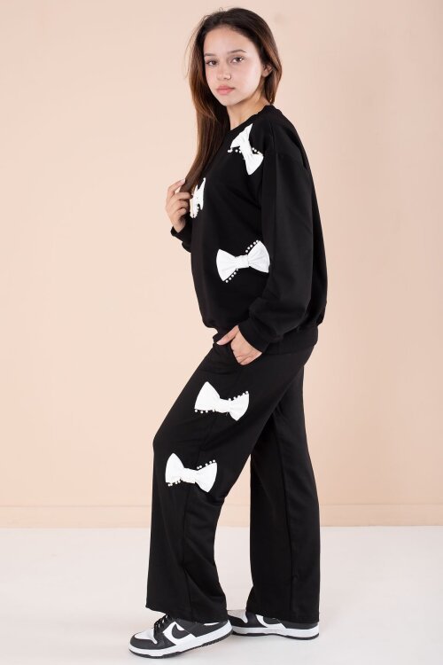 Siyah Fiyonklu İnci Detaylı Kız Çocuk Bisiklet Yaka 2li Eşofman Takımı 21205