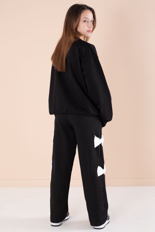 Siyah Fiyonklu İnci Detaylı Kız Çocuk Bisiklet Yaka 2li Eşofman Takımı 21205