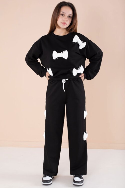 Siyah Fiyonklu İnci Detaylı Kız Çocuk Bisiklet Yaka 2li Eşofman Takımı 21205
