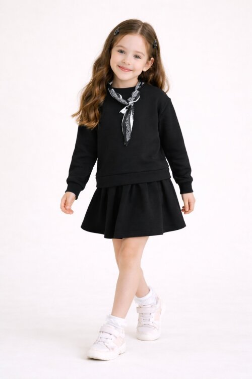 Siyah Fular Detaylı Badili Etekli Kız Çocuk 2li Takım  23532