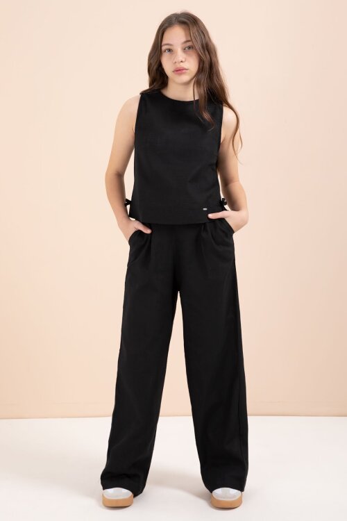 Siyah Geniş Paça Pantolonlu Kız Çocuk Keten Croplu Takım 23447