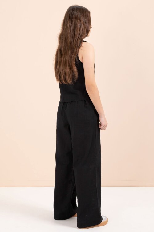 Siyah Geniş Paça Pantolonlu Kız Çocuk Keten Croplu Takım 23447