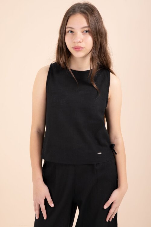 Siyah Geniş Paça Pantolonlu Kız Çocuk Keten Croplu Takım 23447