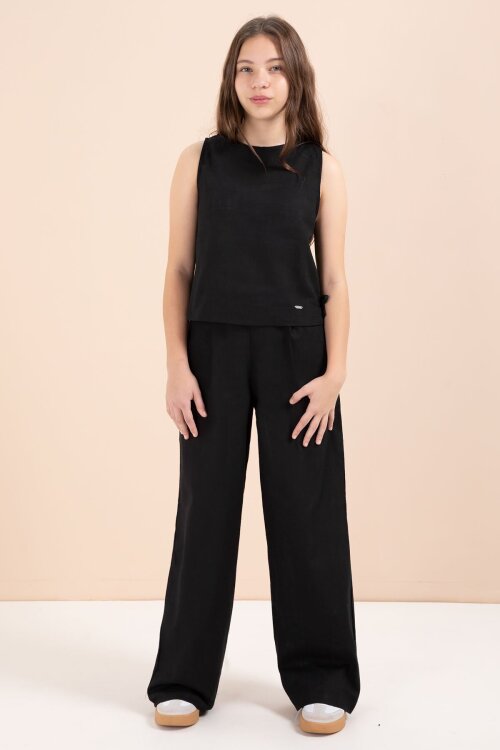 Siyah Geniş Paça Pantolonlu Kız Çocuk Keten Croplu Takım 23447