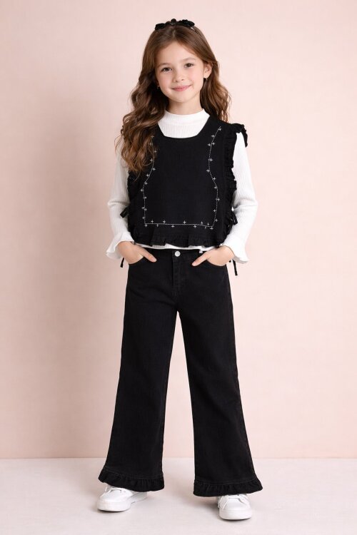 Siyah Geniş Paça Pantolonlu Taş Detaylı 3lü Kız Çocuk Jean Takım 23739
