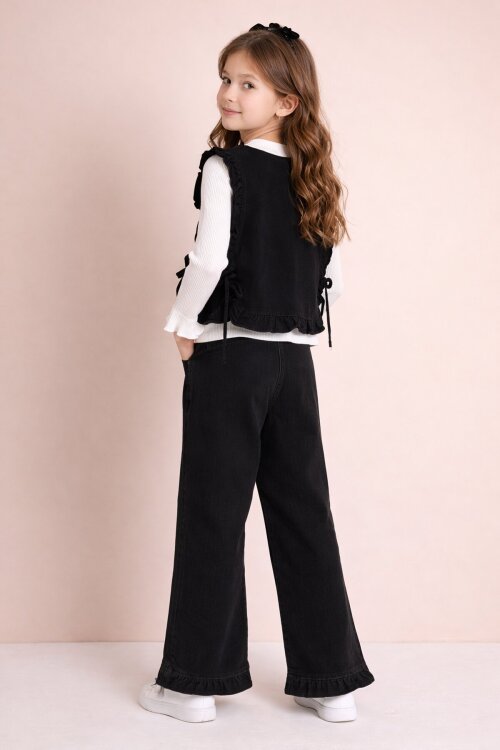 Siyah Geniş Paça Pantolonlu Taş Detaylı 3lü Kız Çocuk Jean Takım 23739