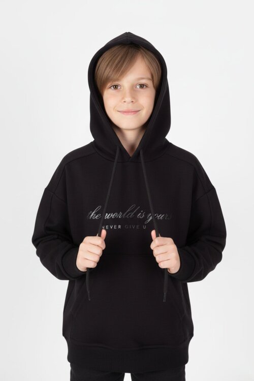 Siyah Göğüs Yazılı Kanguru Cepli Kapüşonlu Erkek Çocuk Sweatshirt 19339