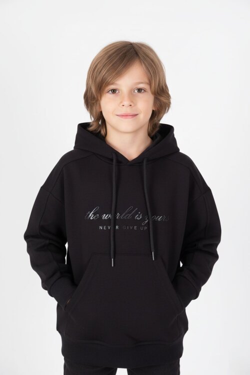 Siyah Göğüs Yazılı Kanguru Cepli Kapüşonlu Erkek Çocuk Sweatshirt 19339