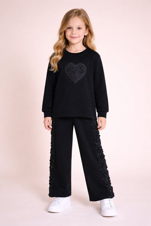 Siyah Gül Detaylı Geniş Paça Pantolonlu Kız Çocuk Badili 2li Takım 23729