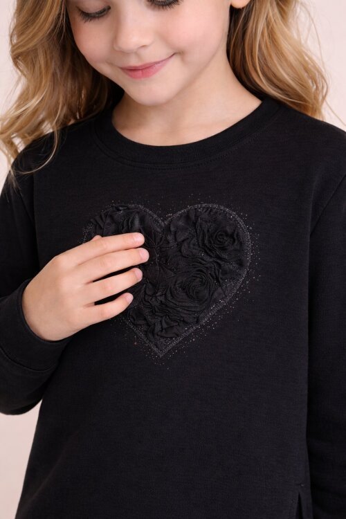 Siyah Gül Detaylı Geniş Paça Pantolonlu Kız Çocuk Badili 2li Takım 23729