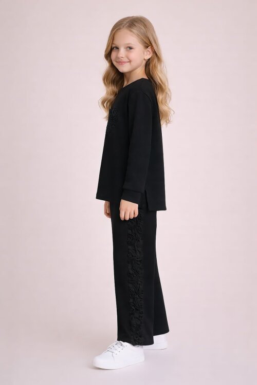 Siyah Gül Detaylı Geniş Paça Pantolonlu Kız Çocuk Badili 2li Takım 23729