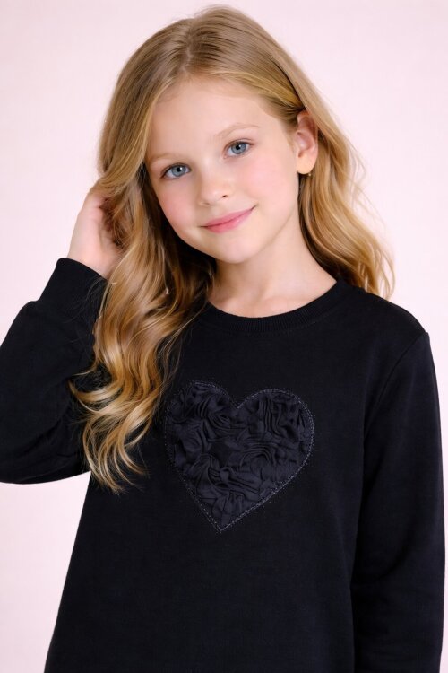 Siyah Gül Detaylı Geniş Paça Pantolonlu Kız Çocuk Badili 2li Takım 23729