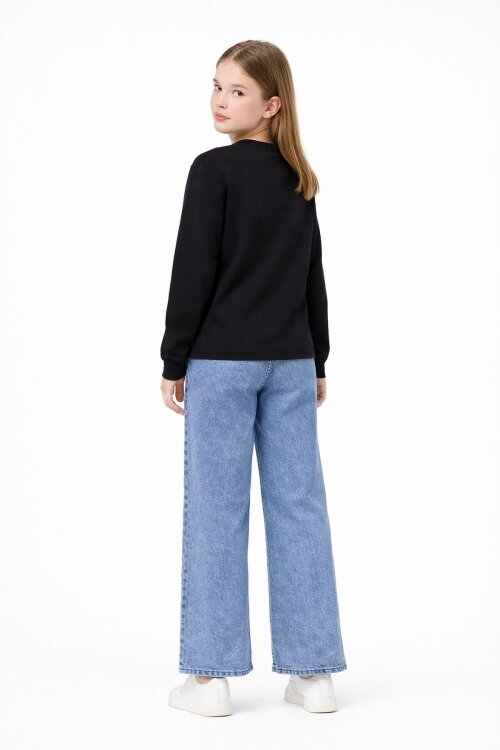 Siyah Gül Nakışlı Badili Jean Pantolonlu Kız Çocuk 2li Takım 23748