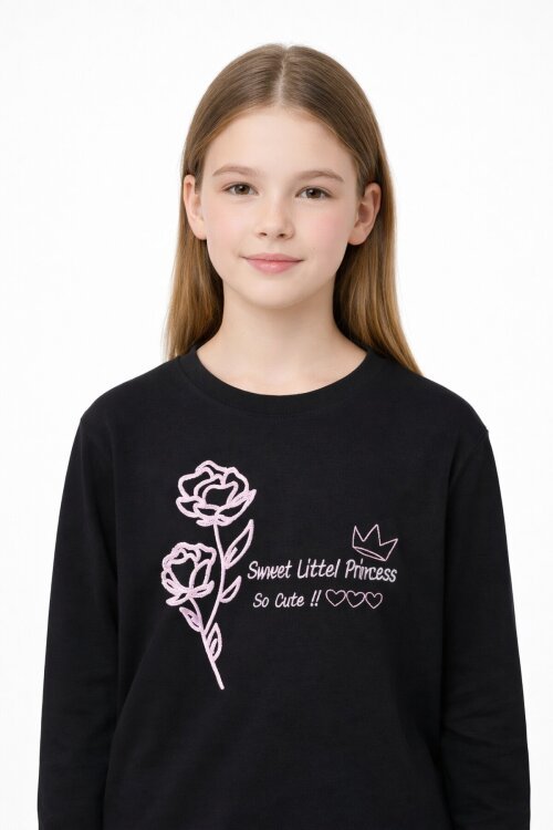 Siyah Gül Nakışlı Badili Jean Pantolonlu Kız Çocuk 2li Takım 23748