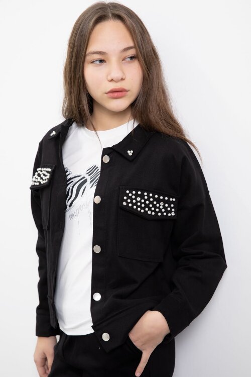 Siyah İnci Detaylı Jean Ceketli Kız Çocuk 3lü Pantolonlu Takım  23480