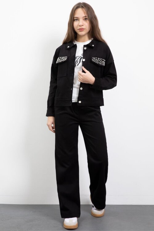 Siyah İnci Detaylı Jean Ceketli Kız Çocuk 3lü Pantolonlu Takım  23480