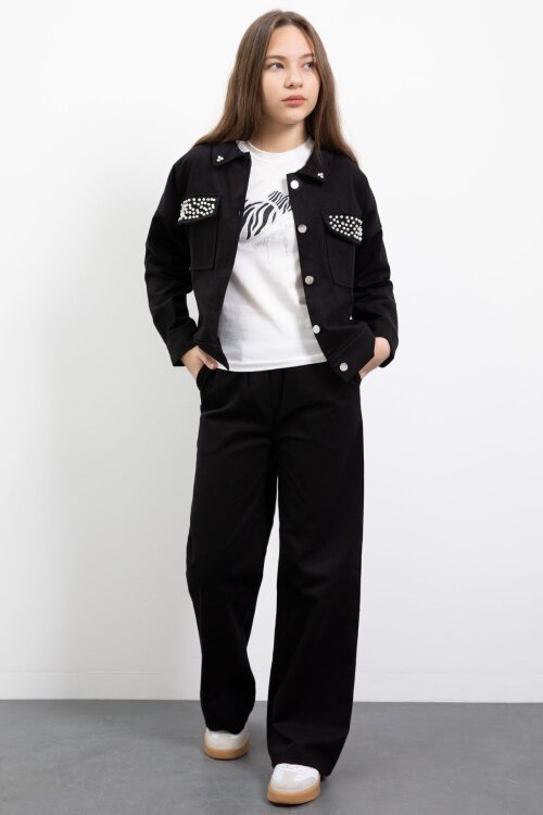 Siyah İnci Detaylı Jean Ceketli Kız Çocuk 3lü Pantolonlu Takım  23480