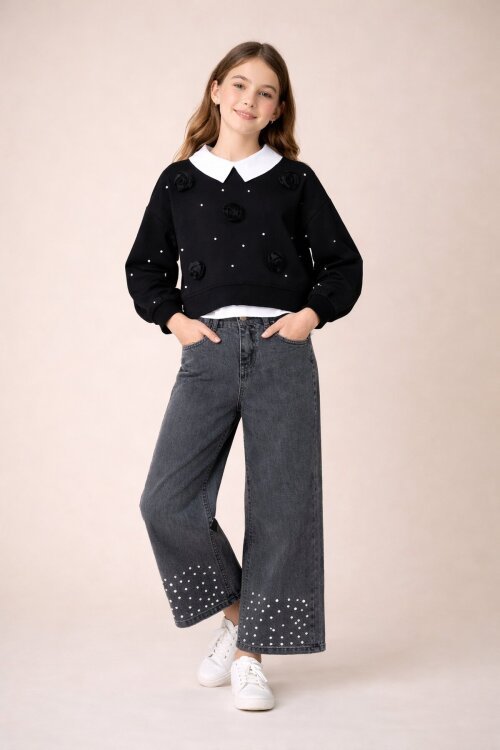 Siyah İnci İşlemeli Badili ve Jean Pantolonlu Kız Çocuk Gömlekli Takım 23599
