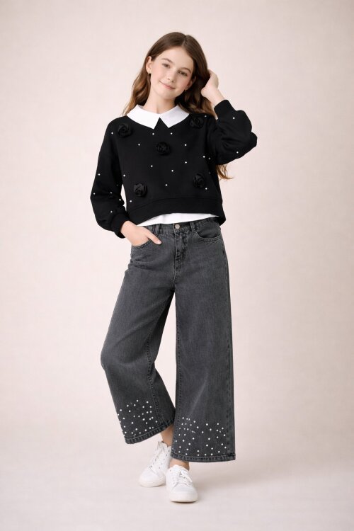 Siyah İnci İşlemeli Badili ve Jean Pantolonlu Kız Çocuk Gömlekli Takım 23599