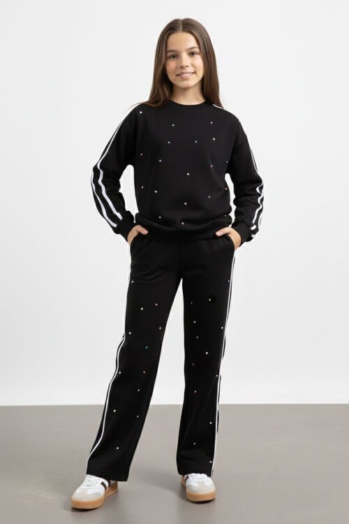 Siyah İnci İşlemeli Bisiklet Yaka Kız Çocuk Şeritli Eşofman Takımı 21291